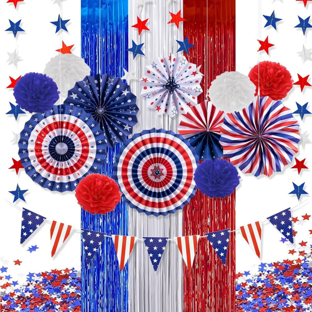 July 4th Patriotic Party Decoration Set, Fourth of July Red White Blue Paper Fans, USA American Flag Pennant, PomPomPoms Flower, Foil Tassel Curtains, Star Ribbon, Independence Day Party Supplies